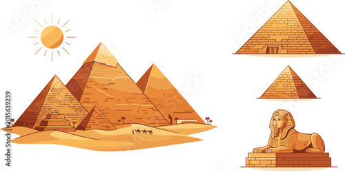 Egyptian Pyramids and Sphinx Ancient Landmark Vector Illustration Set for Travel and History Design
