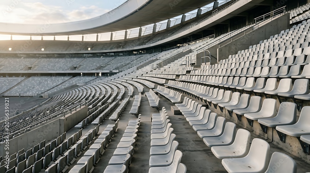 Fototapeta premium Empty stadium seats await spectators for a sporting event or concert.
