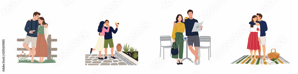Obraz premium A collection of romantic couple illustrations enjoying various outdoor activities like travel, picnics, and dates in a minimalist flat style.