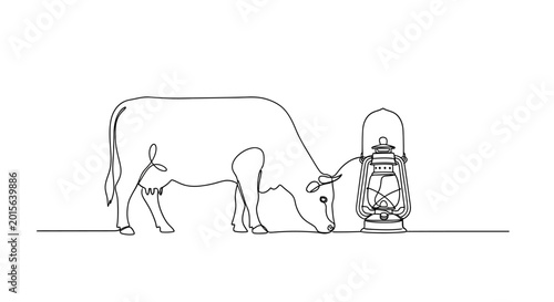 Fotografía Minimalist single line drawing of a cow next to an old oil lantern on a white ba
