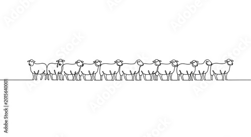 Schilderij op canvas Flock of Sheep, Minimalist Line Art, Simple Drawing, White Background