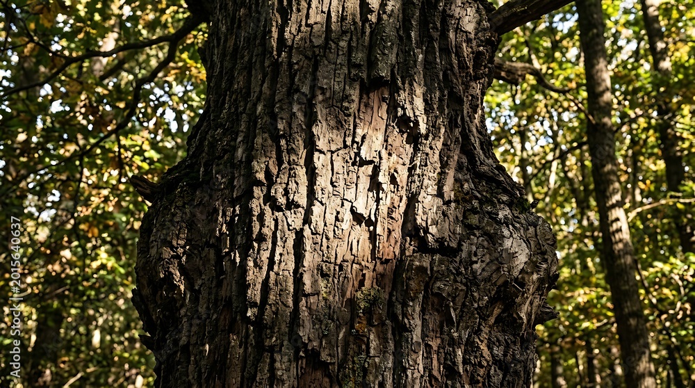 Obraz premium Close up of an old oak tree trunk with rough bark texture in a forest.