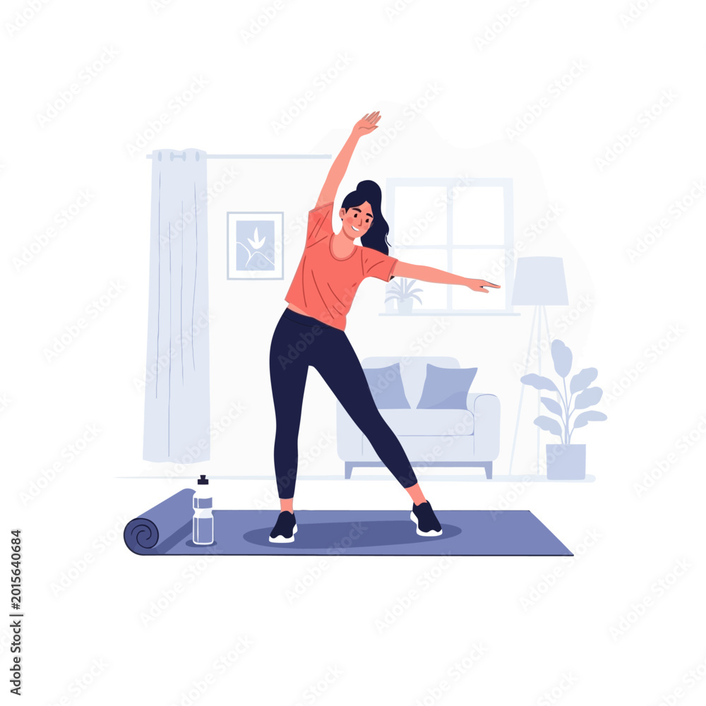 Fototapeta premium Woman Performing Stretching Exercises on Yoga Mat at Home.
