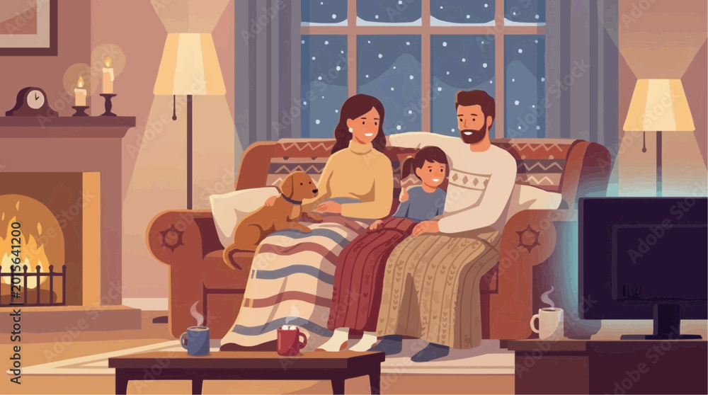 Fototapeta premium Family Winter Movie Night Illustration