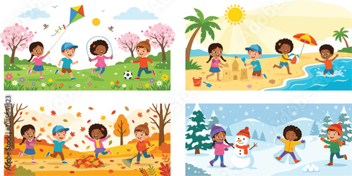 Cuadro en lienzo Collection of horizontal banners featuring diverse children playing outdoors in spring meadows summer beaches autumn leaves and winter snow landscapes