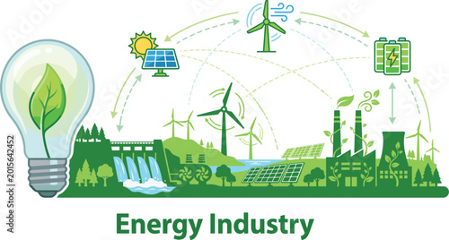 Cuadro en lienzo Sustainable Energy Industry Illustration Featuring Renewable Solar Wind Hydro Po