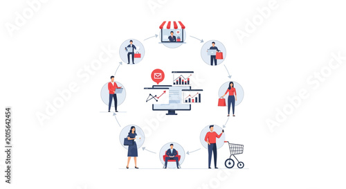 Customer journey mapping with analytics and shopping cart icons, business strategy concept