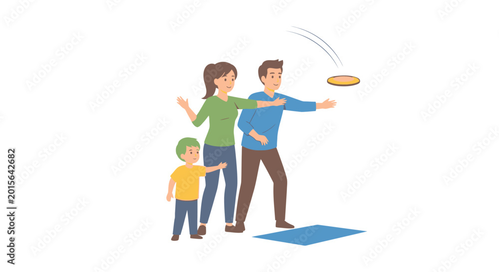 Fototapeta premium Family Playing Frisbee Outdoors: Parents and Child Enjoying Outdoor Activity Together