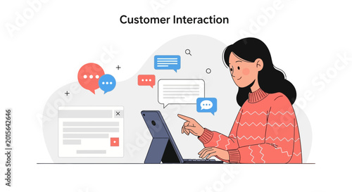 Young woman engaging in customer interaction via digital tablet and chat bubbles