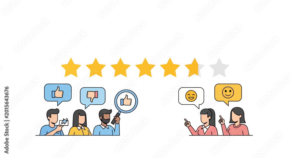 Fototapeta premium Customers share feedback with star ratings and emoticons.
