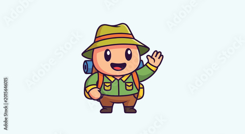 Fényképezés Cute Cartoon Hiker Waving Hello with Backpack and Hat.
