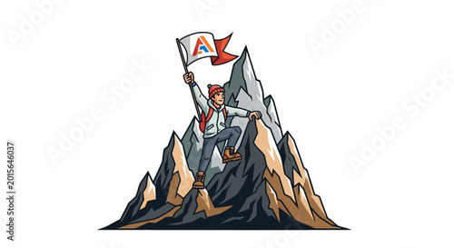 Foto Man triumphantly plants flag with letter A on mountain peak.