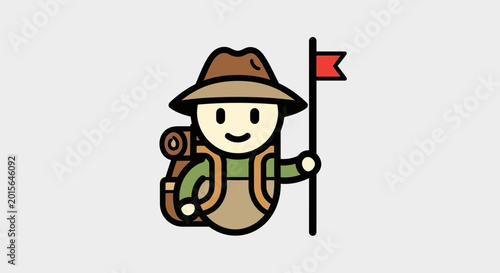 Foto Smiling Cartoon Hiker Holding Flag Pole.