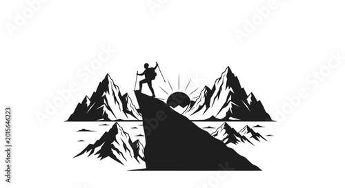 Photos Mountain Climber Reaching Summit at Sunrise.