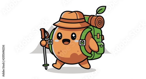 Foto Cute potato character hiking adventure with backpack and pole.