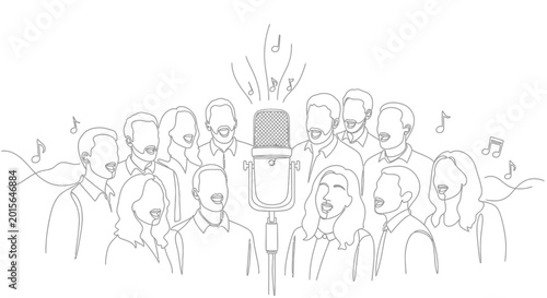Obraz na płótnie Diverse Choir Singing Harmoniously Around Vintage Microphone, Musical Notes Emit