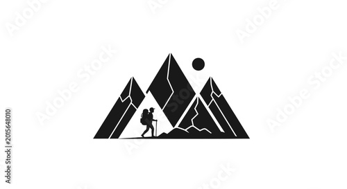 Slika na platnu Mountain climber silhouette with sun and peaks.