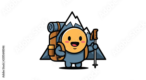Obraz na plátne Adorable cartoon hiker character ready for mountain adventure with backpack and pole