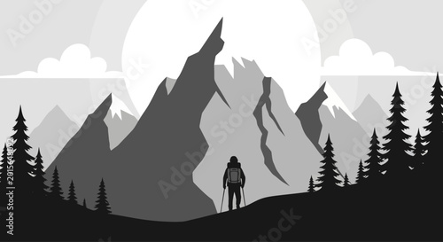 Tableau sur toile A lone hiker stands before majestic mountains contemplating the vast landscape