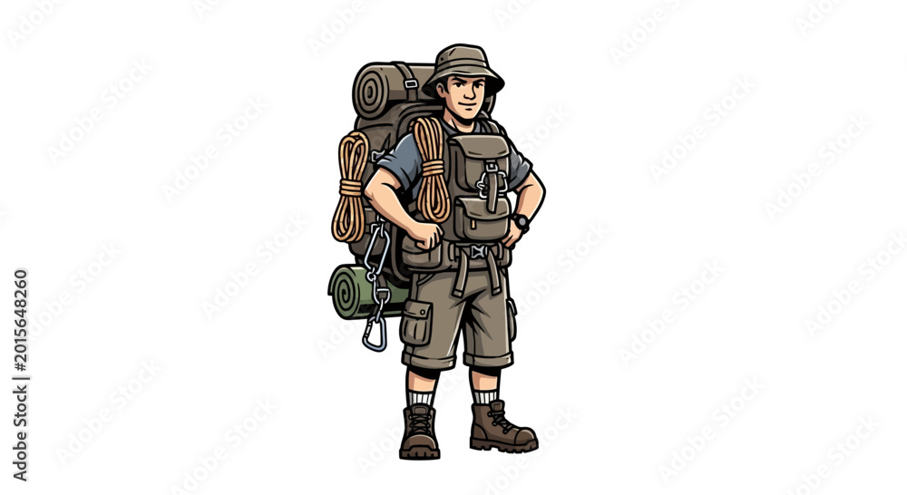 Fototapeta premium Young male hiker with large backpack ready for adventure.