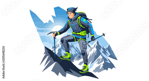 Schilderij op canvas Male mountaineer in climbing gear ascending a rugged mountain peak