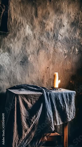 Moody still life featuring a draped table with a single lit candle against an aged stone wall evoking a sense of mystery history and quiet contemplation