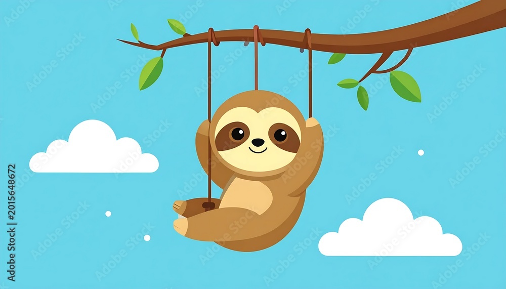 Obraz premium Cute Sloth Hanging from Tree Branch.