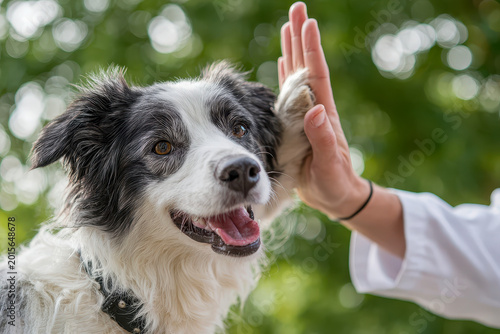 Happy Border Collie dog giving a high five paw to a human hand in a park with a blurred green background.