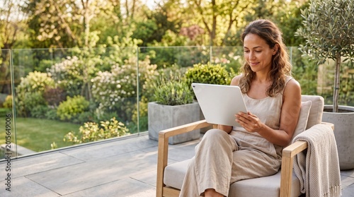 Smiling mature woman using a digital tablet while relaxing on a modern garden terrace