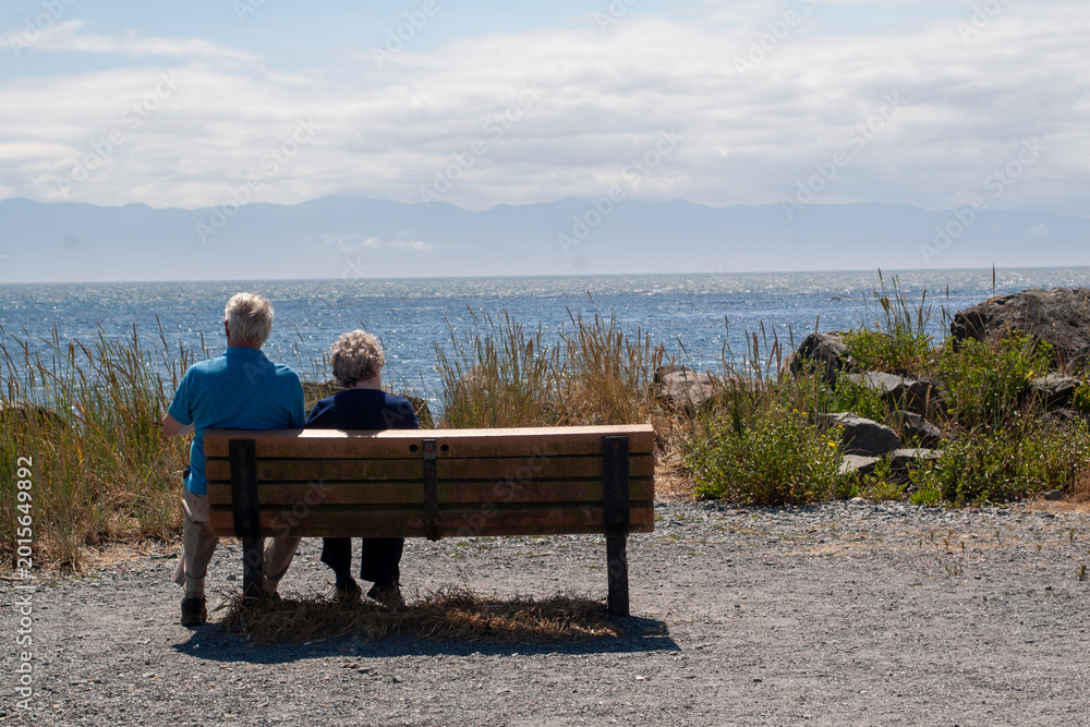 Fototapeta premium Elderly couple sitting on a bench enjoying the ocean view on a sunny day