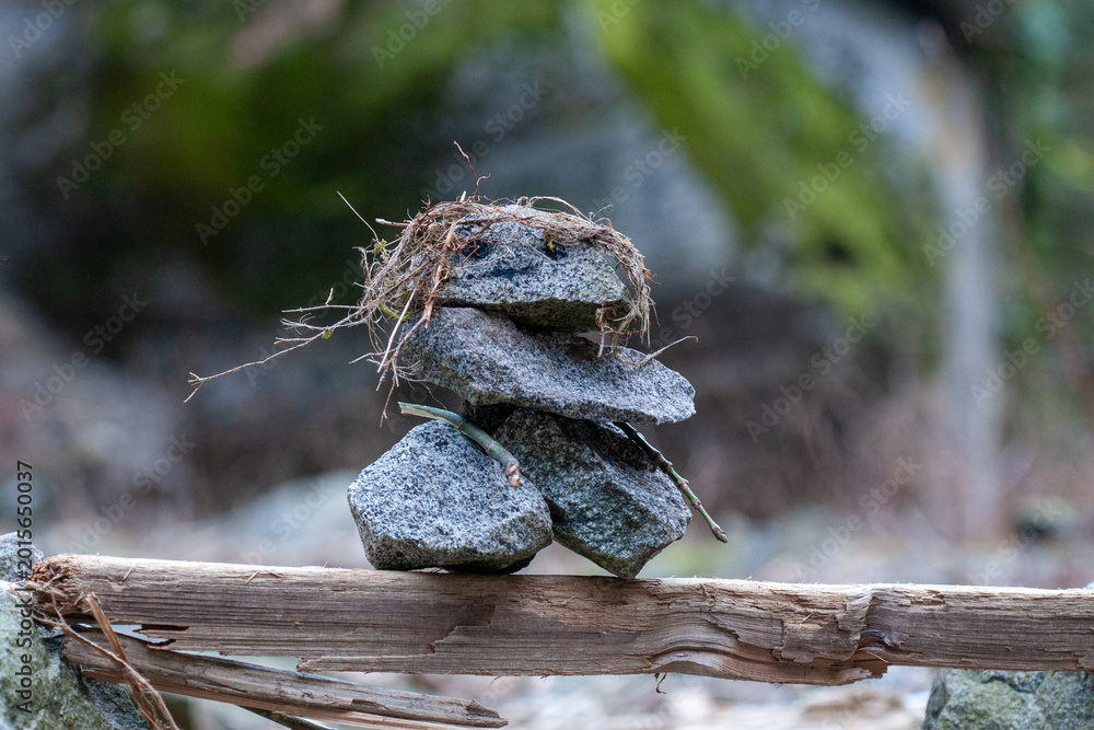 Obraz premium Stone cairn resembling a figure with a nest on its head in a forest setting