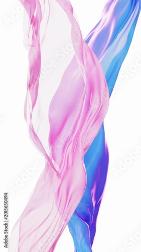Abstract flowing silk fabric in pink and blue colors on white background for dynamic motion design.