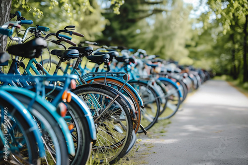 A row of bicycles are parked on a sidewalk