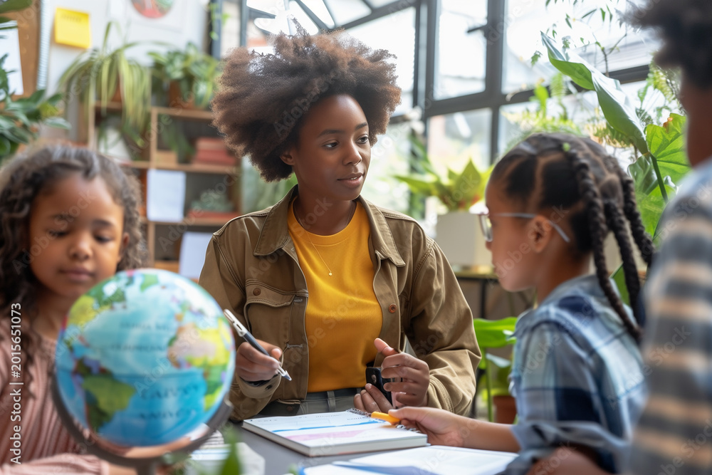 Fototapeta premium A woman is teaching a group of children about the earth