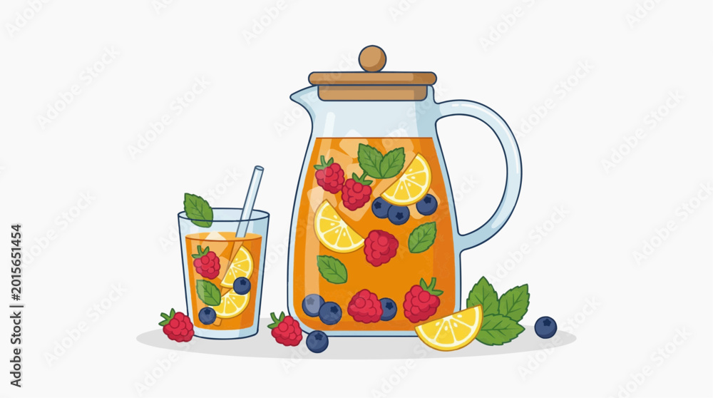 Fototapeta premium Refreshing fruit infused pitcher and glass of orange drink with berries and lemon slices