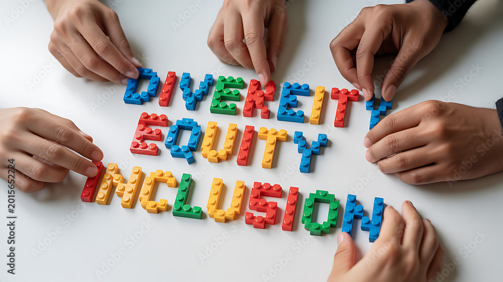 Obraz premium Hands arranging colorful blocks spelling diversity equity inclusion emphasizing teamwork and professional collaboration