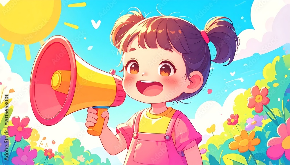 Naklejka premium Little girl holding megaphone in garden.
