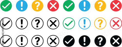 Fotografie A set of circles icons with check mark, cross, exclamation and question marks for user interface design