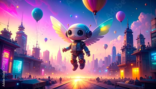 Smiling robot flying over cityscape with balloons.