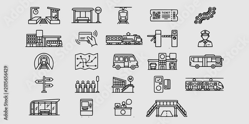 Canvastavla Icon set collection of public transit infrastructure including metro stations, buses, trains, ticketing systems, passenger platforms, and urban commuter transport services