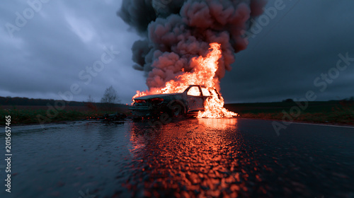Road Accident Scene with Car Fire, Dark Smoke, Wet Surface, and Stormy Background