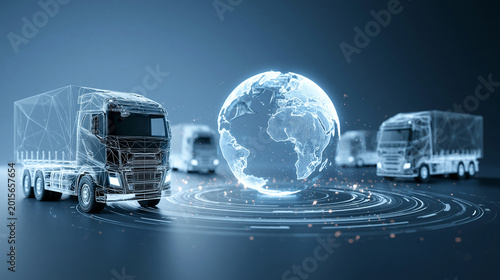 Modern Delivery Fleet with Digital Globe, Network Lines, and Blue Technology Background