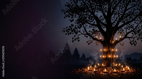 Spiritual Bhaumvati Amavasya Observance featuring Sacred Peepal Tree Silhouette with Glowing Diya Oil Lamps in a Mystical Devotional Atmosphere