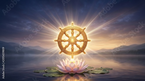 Glowing golden Dharma wheel floating above sacred lotus petals with spiritual light rays for Dharma Chakra Day celebration and Buddhist enlightenment