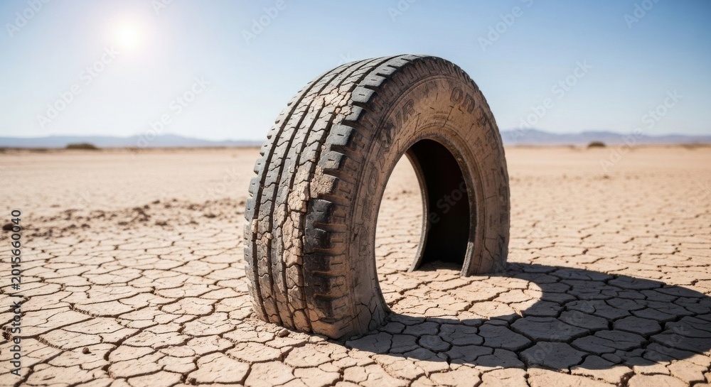 Obraz premium Old Cracked Tire Lying in Arid Desert Landscape