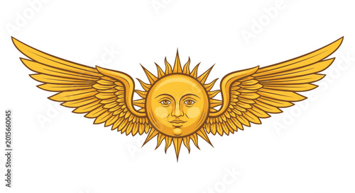 Fotografie Golden Winged Sun Icon with Human Face - Symbol of Power and Divinity