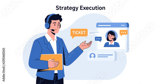 Customer service agent in headset with ticket icons, strategy execution concept