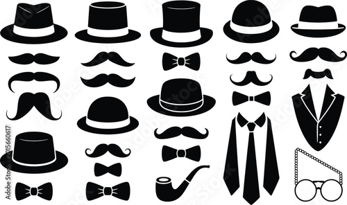 Collection of black silhouette featuring vintage gentleman accessories including various hats mustaches bow ties neckties a smoking pipe and round spectacles on a white background