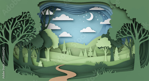 Nature landscape forest scene paper cut layered effect with landscape wilderness illustration woodland environment peaceful creative stylized