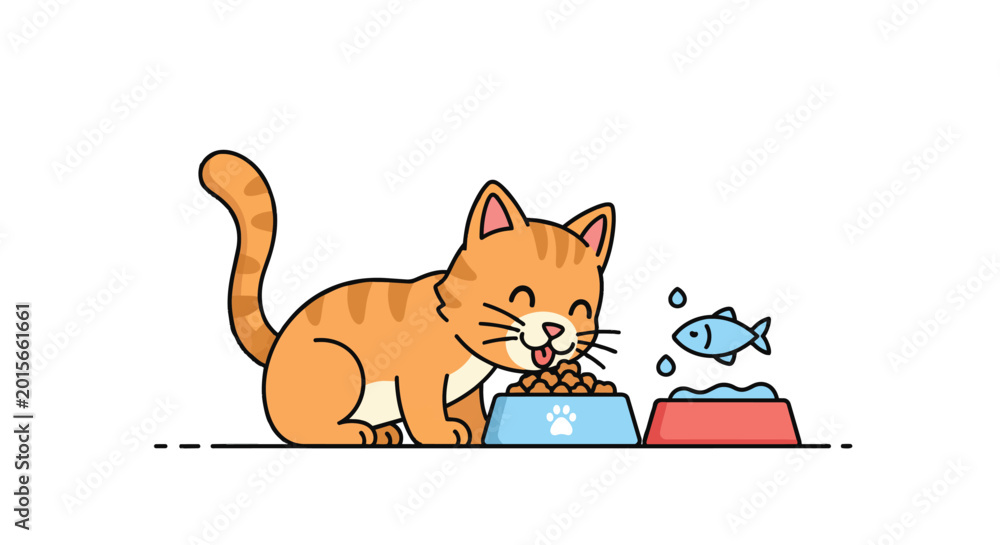 Obraz premium Cute Orange Cat Eating Fish from Bowls.